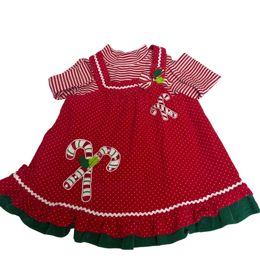 Rare Editions Girls 2T Christmas Candy Cane Corduroy Jumper Dress Shirt Set Red